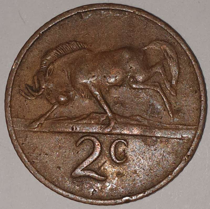 1971 - 2 CENT COIN (TWO CENT COIN) - RSA - BRONZE - KM#83 - BILINGUAL LEGEND - WILDEBEEST